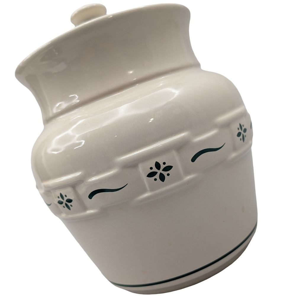 Longaberger Woven Traditions Cookie Jar Ivory Green Pottery Canister 8.5in